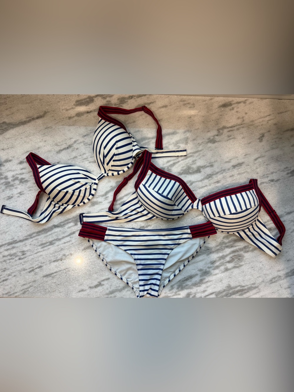 Body Glove White and Navy Striped Bikini Set with Red Trim